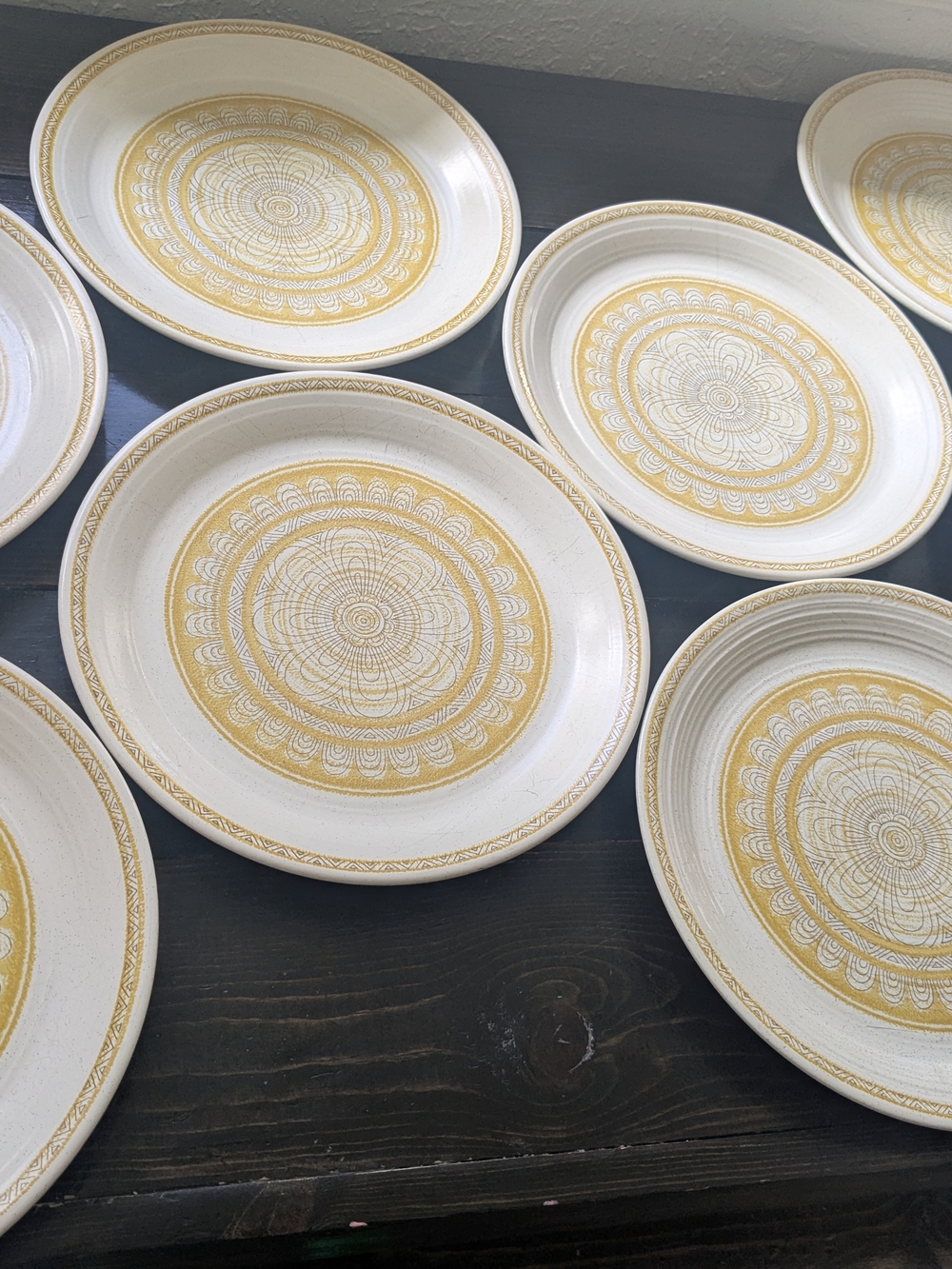 8 Vintage Franciscan Yellow and Cream Stoneware Dinner Plates
